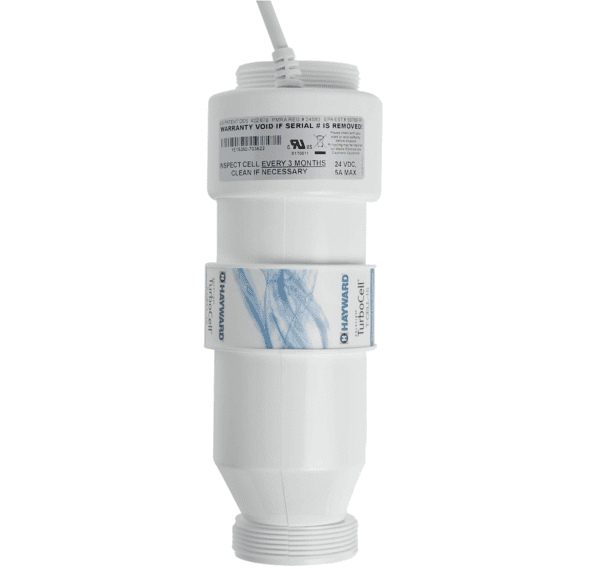 A Hayward W3T-CELL-15 TurboCell Salt Chlorination Cell for In-Ground Swimming Pools up to 40,000 Gallons with model and maintenance information labels, indicating a white cylindrical design against a plain background.